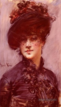  femme Tableaux - La Femme Au Chapeau Noir Genre Giovanni Boldini